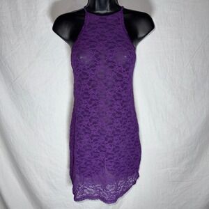 Victorias Secret Purple Floral Lace Halter Chemise T-Back Nightie Small